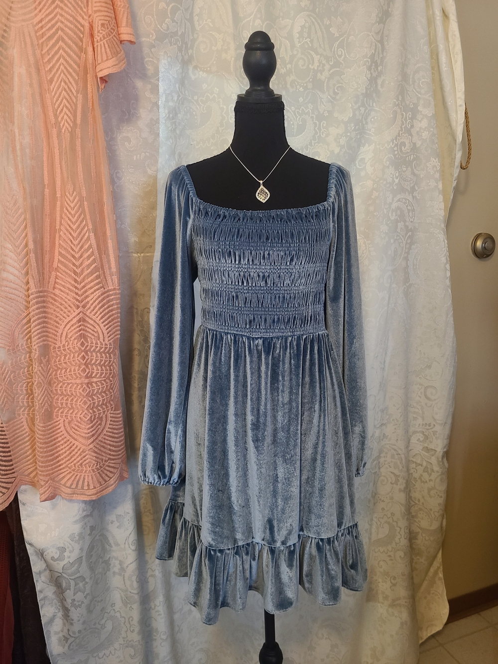LC Lauren Conrad Smocked Velvet Long-Sleeve Dress in Dusty Blue